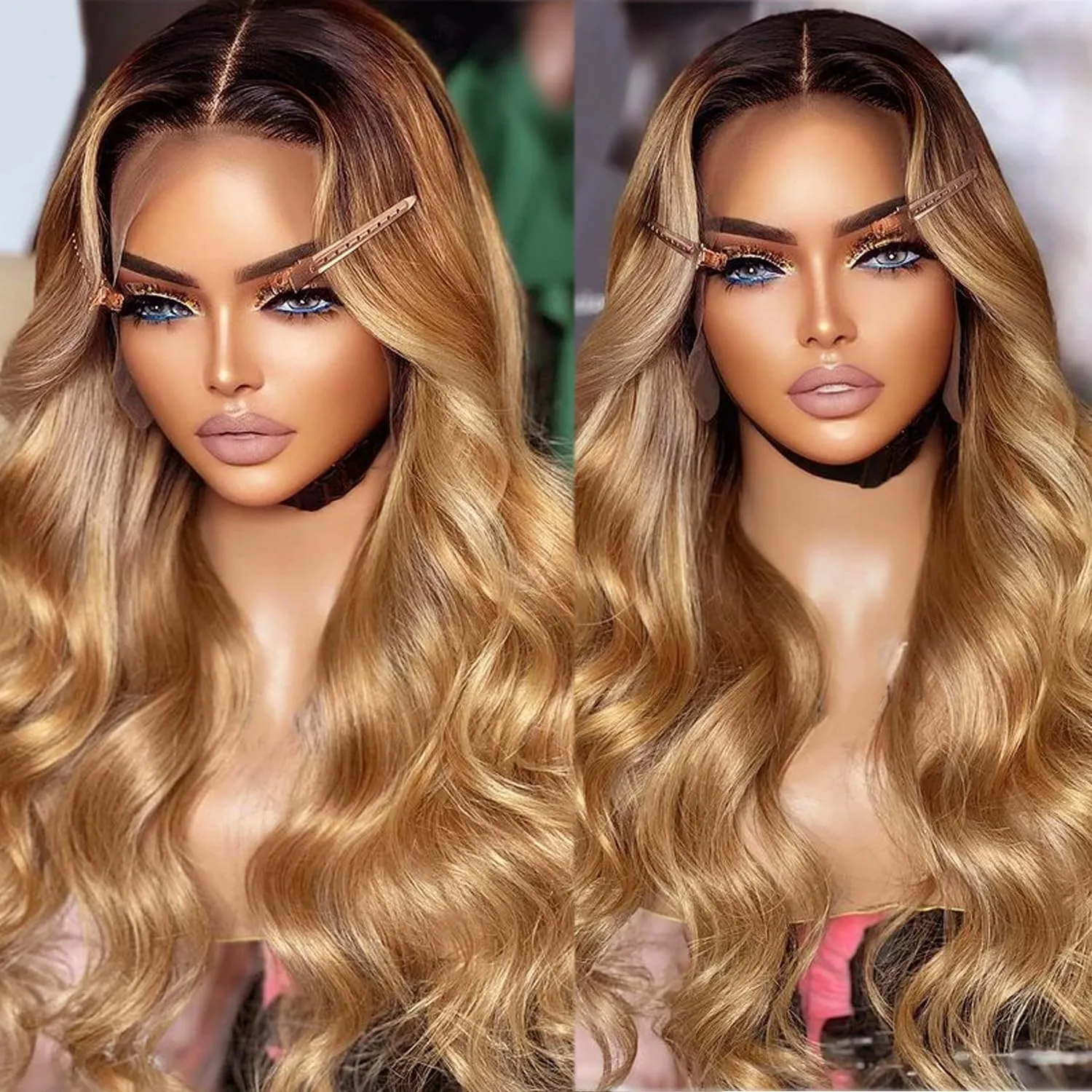 34 Inch Ombre 13x6 Body Wave Lace Front Wigs Human Hair Pre Plucked Brown to Honey Blonde Glueless Wigs Human Hair Brazilian Curly Lace Front Wig 180% Density 13x6 HD Frontal Wig for Black Women