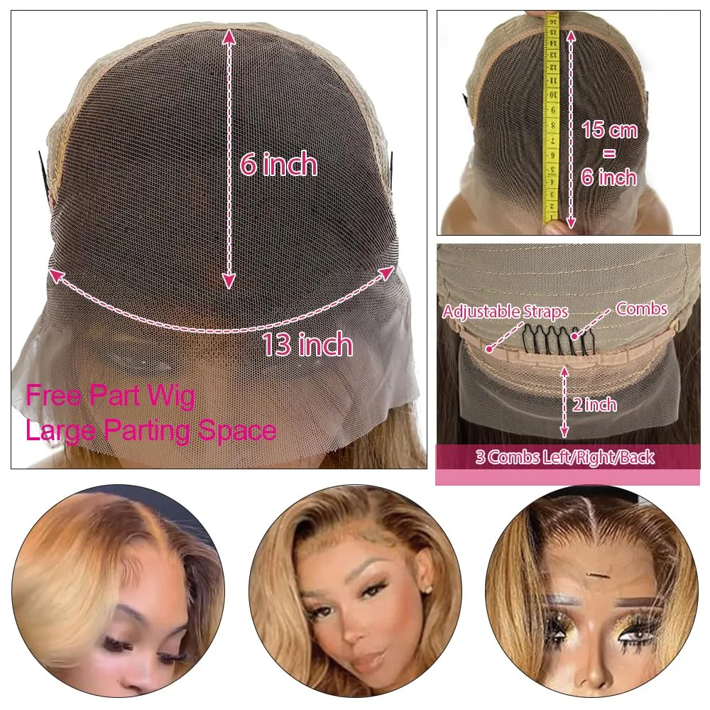 34 Inch Ombre 13x6 Body Wave Lace Front Wigs Human Hair Pre Plucked Brown to Honey Blonde Glueless Wigs Human Hair Brazilian Curly Lace Front Wig 180% Density 13x6 HD Frontal Wig for Black Women