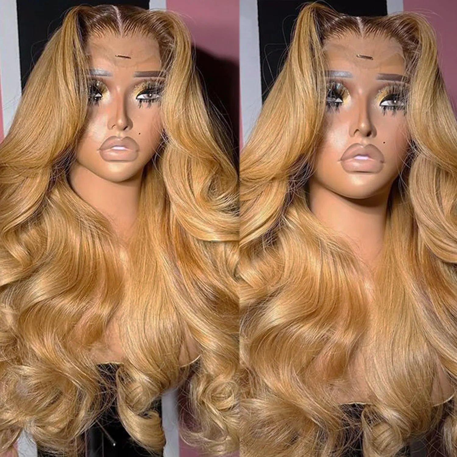 34 Inch Ombre 13x6 Body Wave Lace Front Wigs Human Hair Pre Plucked Brown to Honey Blonde Glueless Wigs Human Hair Brazilian Curly Lace Front Wig 180% Density 13x6 HD Frontal Wig for Black Women