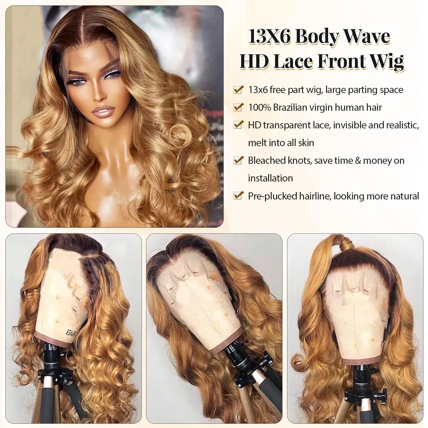 34 Inch Ombre 13x6 Body Wave Lace Front Wigs Human Hair Pre Plucked Brown to Honey Blonde Glueless Wigs Human Hair Brazilian Curly Lace Front Wig 180% Density 13x6 HD Frontal Wig for Black Women