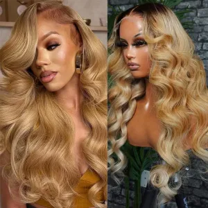 34 Inch Ombre 13x6 Body Wave Lace Front Wigs Human Hair Pre Plucked Brown to Honey Blonde Glueless Wigs Human Hair Brazilian Curly Lace Front Wig 180% Density 13x6 HD Frontal Wig for Black Women