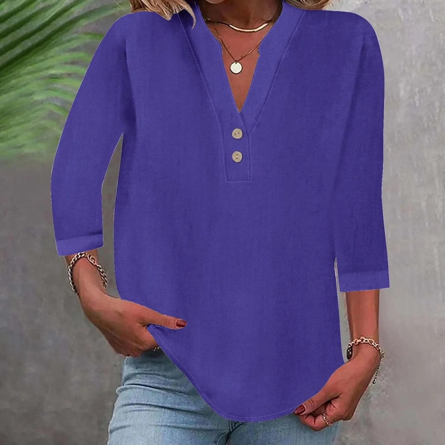 3/4 Sleeve Linen Tops for Women 2024 Loose Fit V Neck Button Down Henley Shirts Cute Solid Summer Beach Tee Shirts