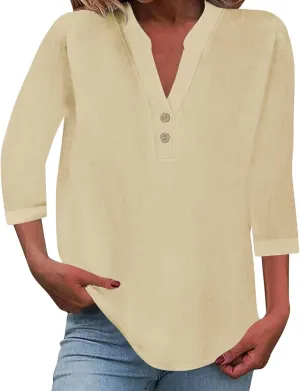3/4 Sleeve Linen Tops for Women 2024 Loose Fit V Neck Button Down Henley Shirts Cute Solid Summer Beach Tee Shirts