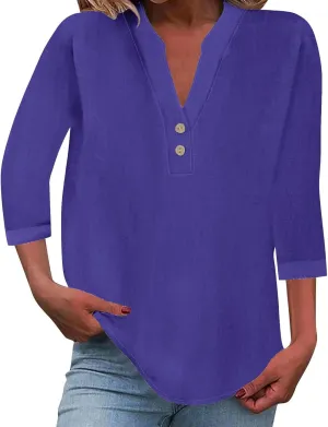 3/4 Sleeve Linen Tops for Women 2024 Loose Fit V Neck Button Down Henley Shirts Cute Solid Summer Beach Tee Shirts