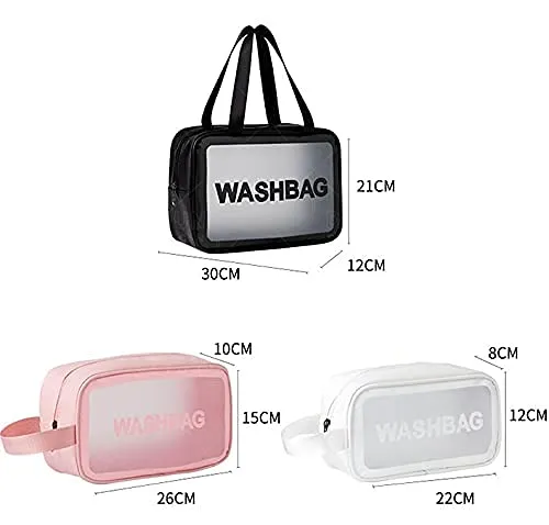 3Pcs Cosmetic Bag Vinyl Air Travel Toiletry Bags Bulk, Water Resistant PVC Packing Cubes with Zipper Closure & Carry Handle for Women Baby Men, Make-up brush Case Beach Pool Spa Gym Bag