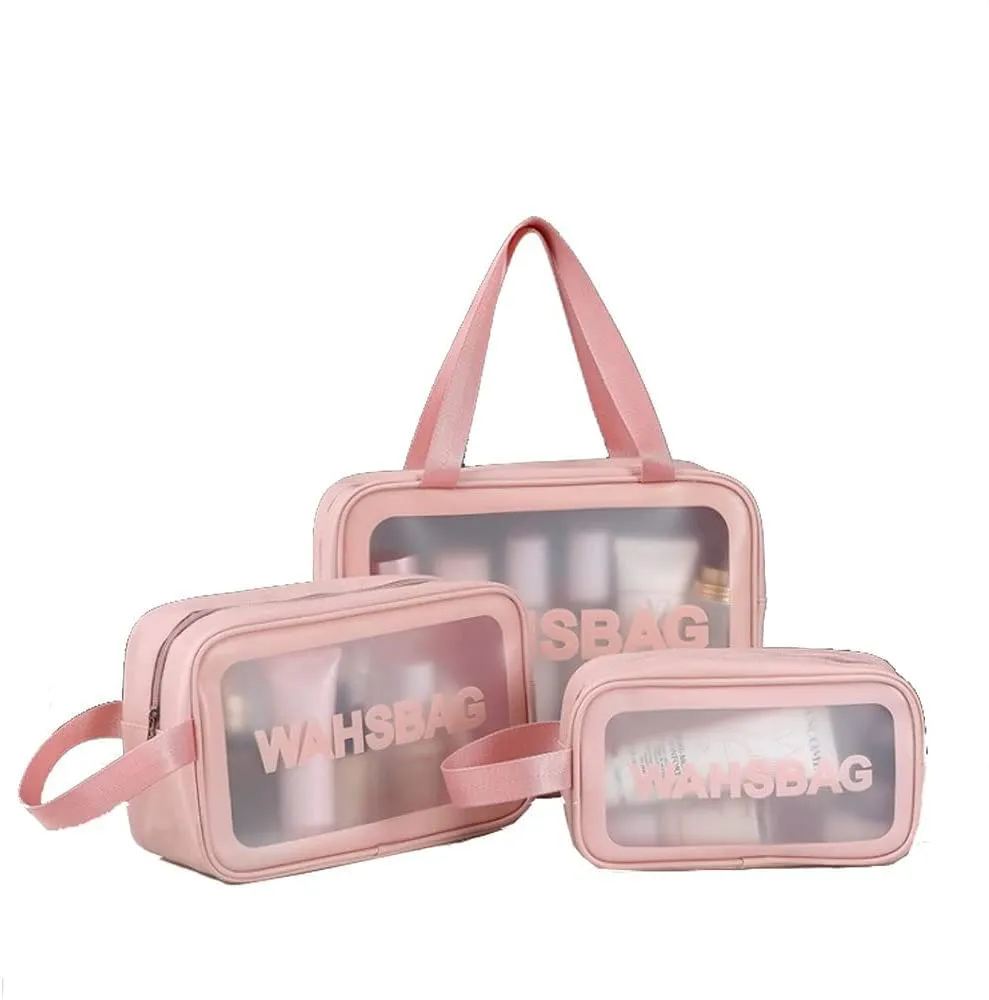 3Pcs Cosmetic Bag Vinyl Air Travel Toiletry Bags Bulk, Water Resistant PVC Packing Cubes with Zipper Closure & Carry Handle for Women Baby Men, Make-up brush Case Beach Pool Spa Gym Bag