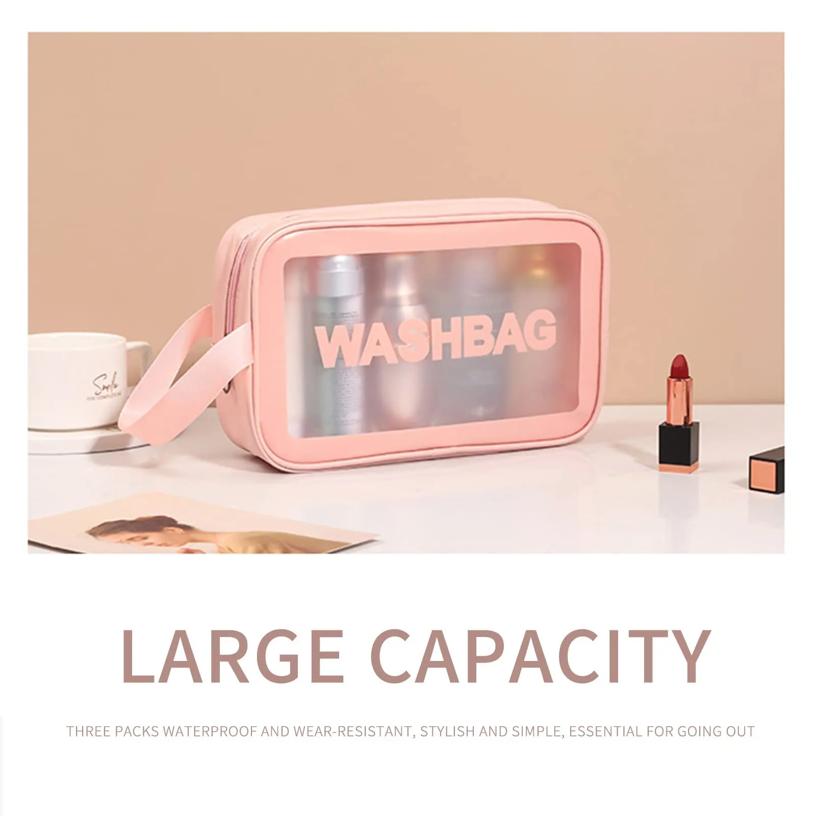 3Pcs Cosmetic Bag Vinyl Air Travel Toiletry Bags Bulk, Water Resistant PVC Packing Cubes with Zipper Closure & Carry Handle for Women Baby Men, Make-up brush Case Beach Pool Spa Gym Bag