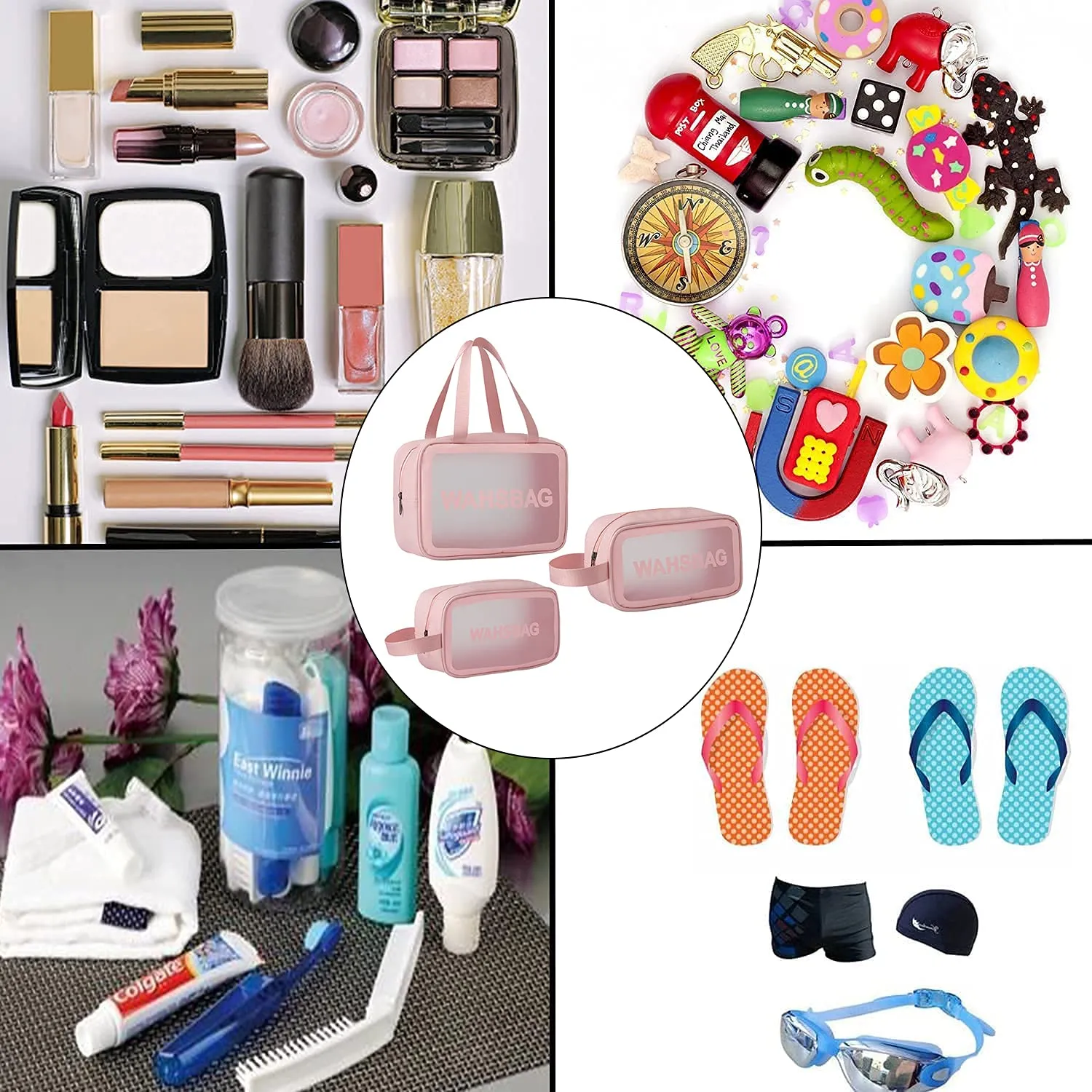 3Pcs Cosmetic Bag Vinyl Air Travel Toiletry Bags Bulk, Water Resistant PVC Packing Cubes with Zipper Closure & Carry Handle for Women Baby Men, Make-up brush Case Beach Pool Spa Gym Bag