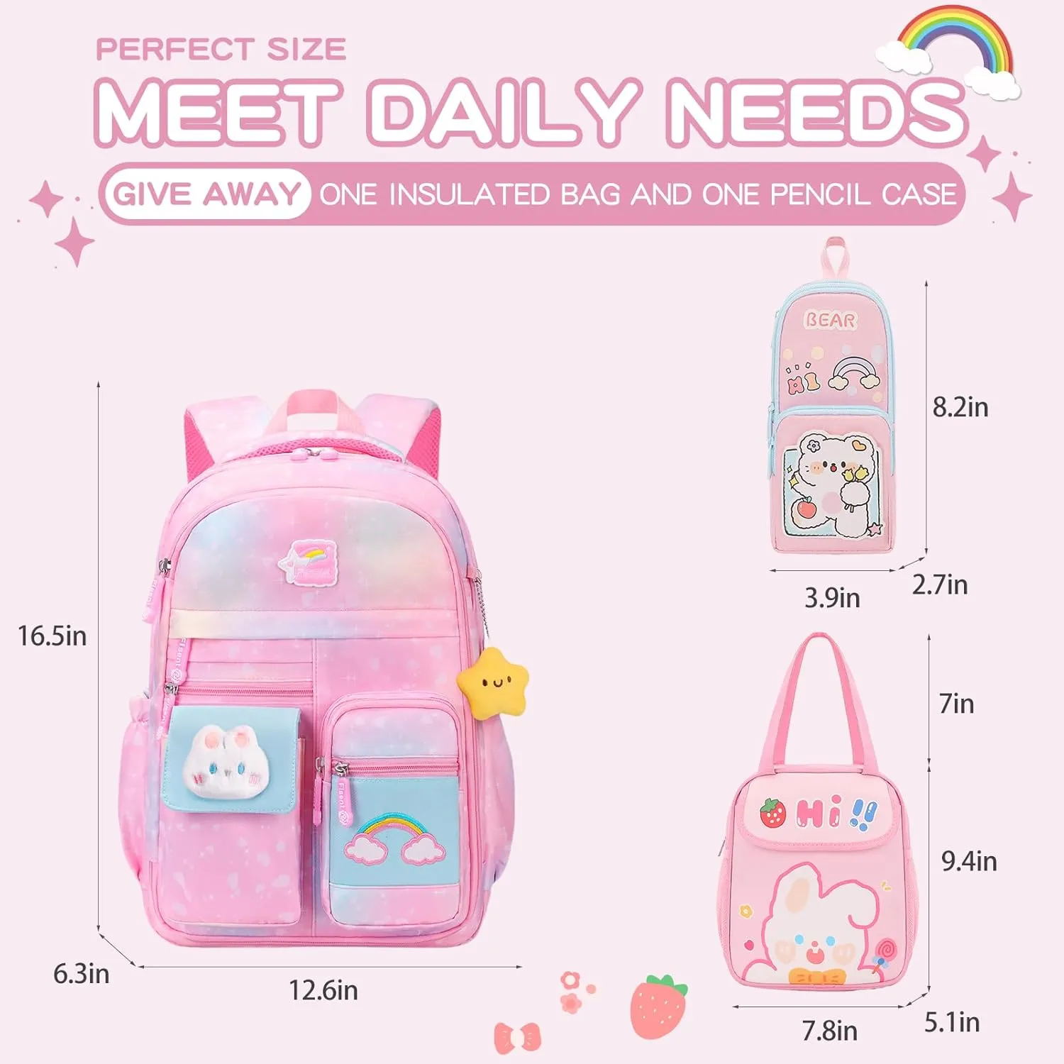 3PCS Cute Bunny Rainbow School Backpack Set for Girls - Elementary Middle School Bags with Lunch Box Pencil Case (Pink 16.5in)
