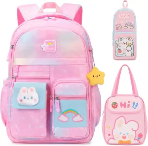 3PCS Cute Bunny Rainbow School Backpack Set for Girls - Elementary Middle School Bags with Lunch Box Pencil Case (Pink 16.5in)
