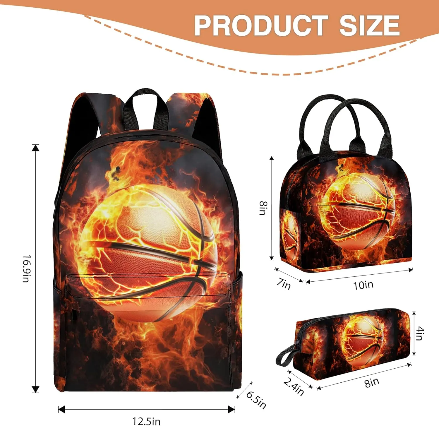 3PCS School Backpack for Boys Girls, Kids Backpack for Teens Elementary Middle High School Students, Large Capacity 17 Inch School Bags with Lunch Box and Pencil Case (Basketball)