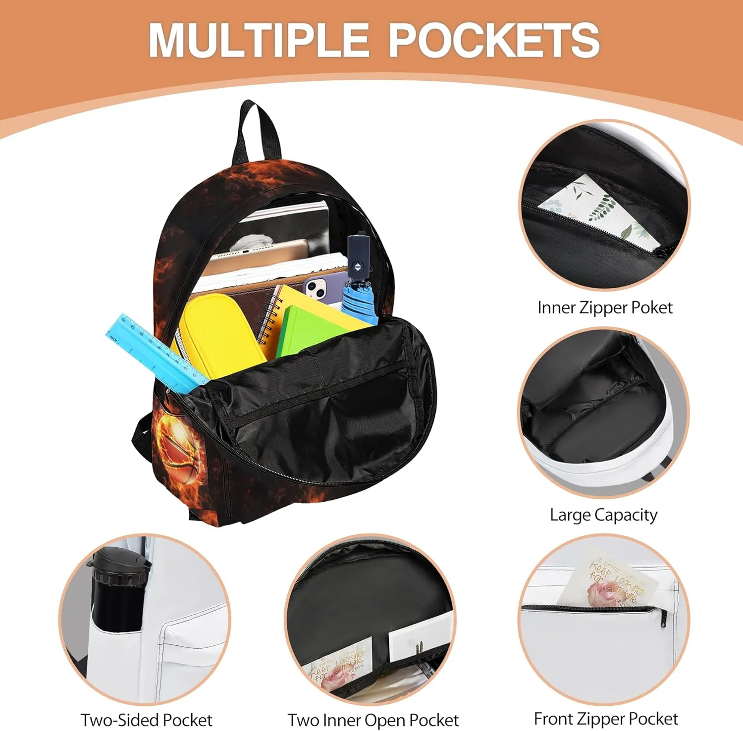 3PCS School Backpack for Boys Girls, Kids Backpack for Teens Elementary Middle High School Students, Large Capacity 17 Inch School Bags with Lunch Box and Pencil Case (Basketball)