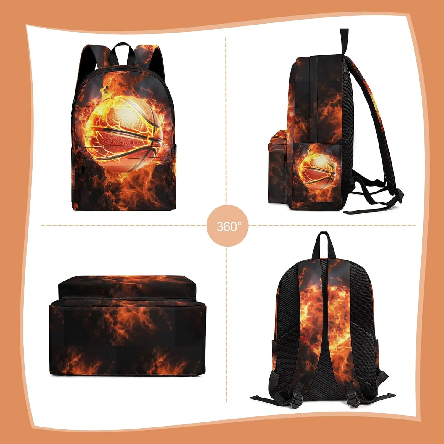 3PCS School Backpack for Boys Girls, Kids Backpack for Teens Elementary Middle High School Students, Large Capacity 17 Inch School Bags with Lunch Box and Pencil Case (Basketball)