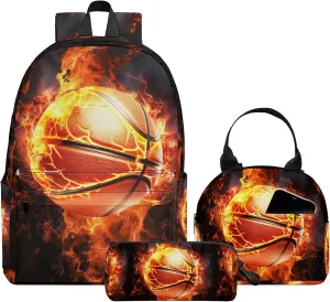 3PCS School Backpack for Boys Girls, Kids Backpack for Teens Elementary Middle High School Students, Large Capacity 17 Inch School Bags with Lunch Box and Pencil Case (Basketball)