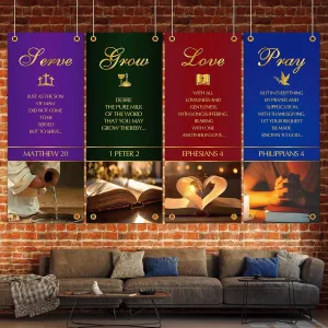 4 Pcs Church Banners with Scripture for Sanctuary Wall Worship Welcome Religious Praise Hanging Decorations Christian Banner Vintage Pentecost Backdrop Decorations for Sunday School Decor