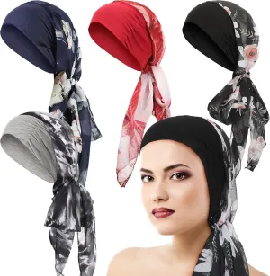 4 Pieces Headwear Turban Sleep Beanie Head Scarf Long Hair Head Turbans for Women (Floral Style)