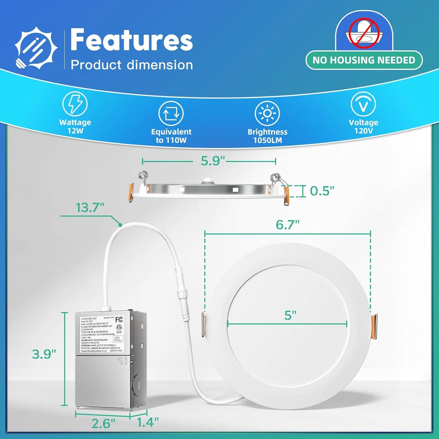 48 Pack 6 Inch 5CCT Ultra-Thin LED Recessed Ceiling Light with Junction Box, 2700K/3000K/3500K/4000K/5000K Selectable, 1050LM Brightness, Dimmable Canless Wafer Downlight, 12WEqv110W ETL&FCC