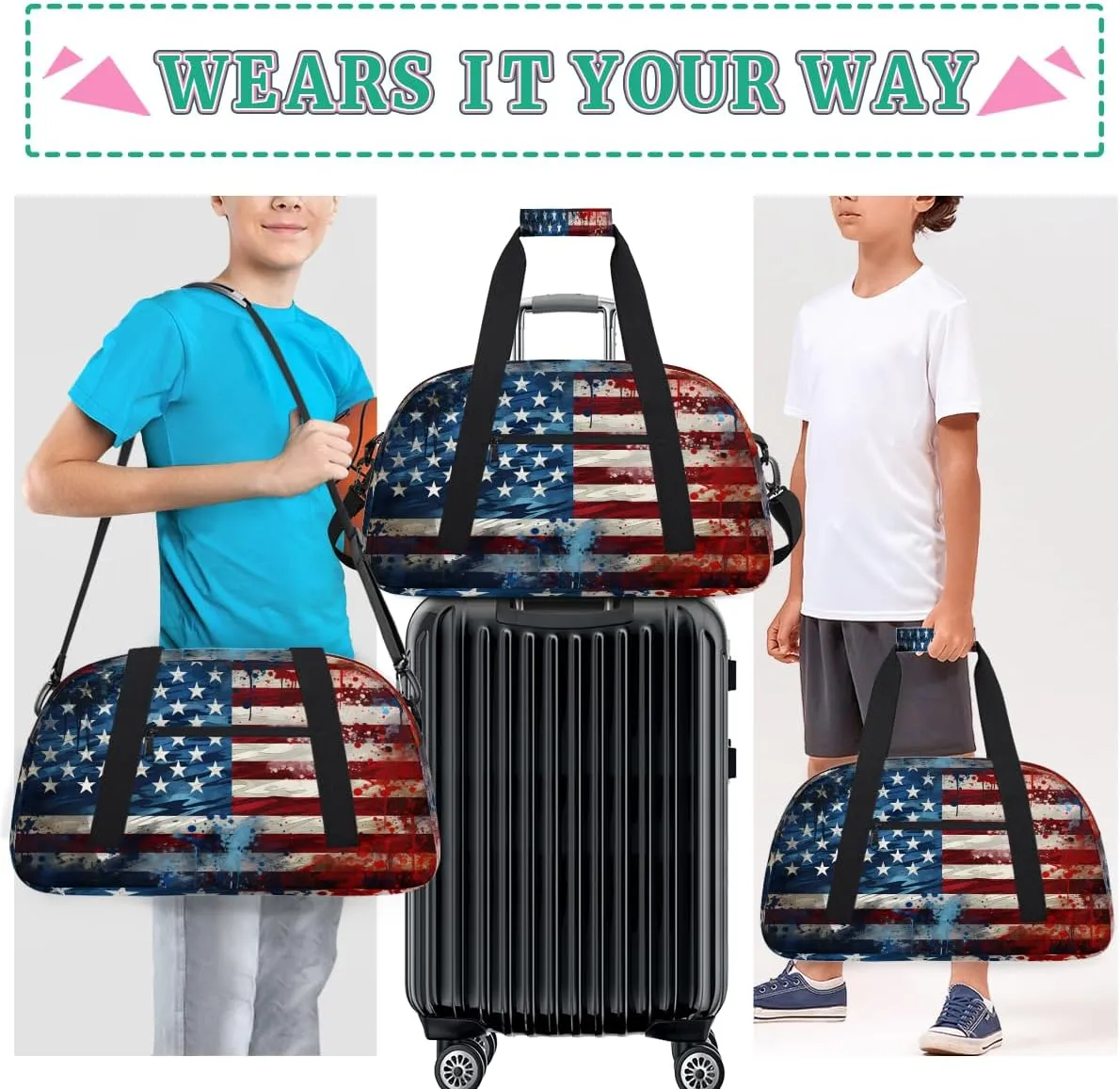 4th July Kids Overnighter Duffel Bags for Boys, Carry-On Size Sports Gym Bag with Front Zipper Pocket for School Practice or Overnight Travel Weekender Sleepover Tote Bag