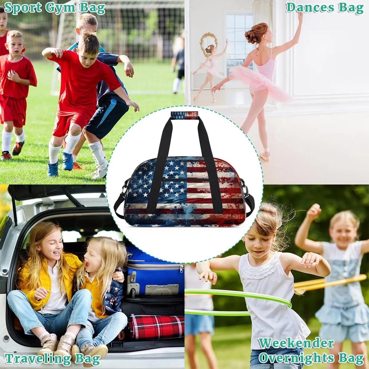 4th July Kids Overnighter Duffel Bags for Boys, Carry-On Size Sports Gym Bag with Front Zipper Pocket for School Practice or Overnight Travel Weekender Sleepover Tote Bag