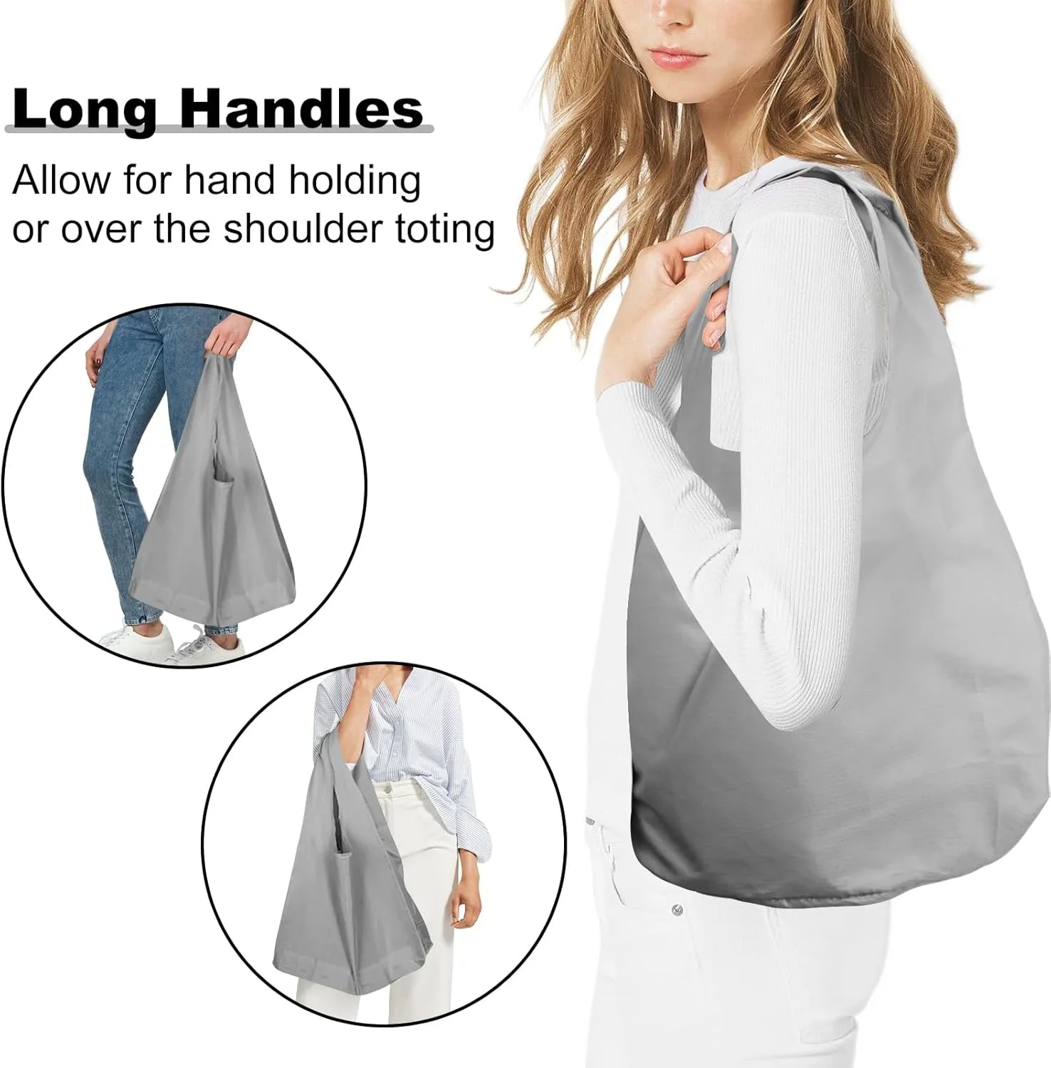 5 Pack Foldable Shoping Bags Tote Bulk Nylon Bags with Handles Grey