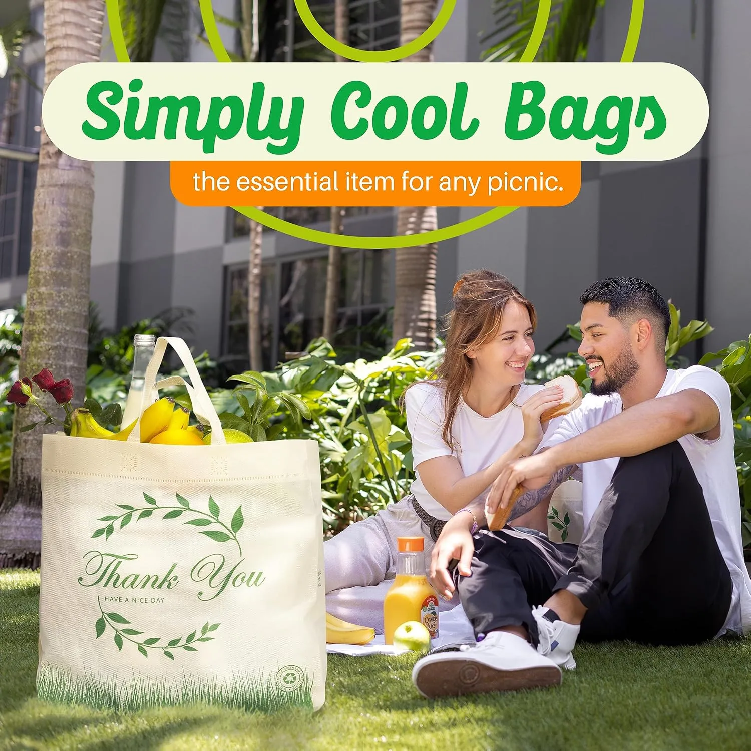 50 Pack Reusable Thank You-Have a Nice Day Eco-Friendly Large Grocery Shopping Bags 14.5"x14"x6.6" Durable, Recyclable Shopping Bags for Customers Washable, Foldable, Portable Tote Bags Bulk