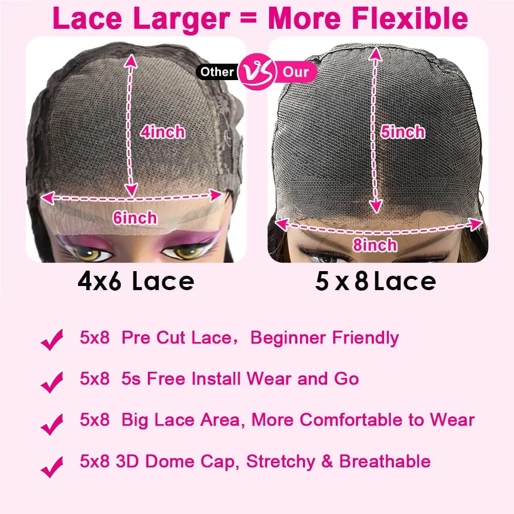 5x8 Glueless Wigs Human Hair Pre Plucked Pre Cut Deep Wave 5x8 Hd Lace Closure Wigs Human Hair Curly Human Hair Wig 180% Density Wear And Go Glueless Wig (20inch)
