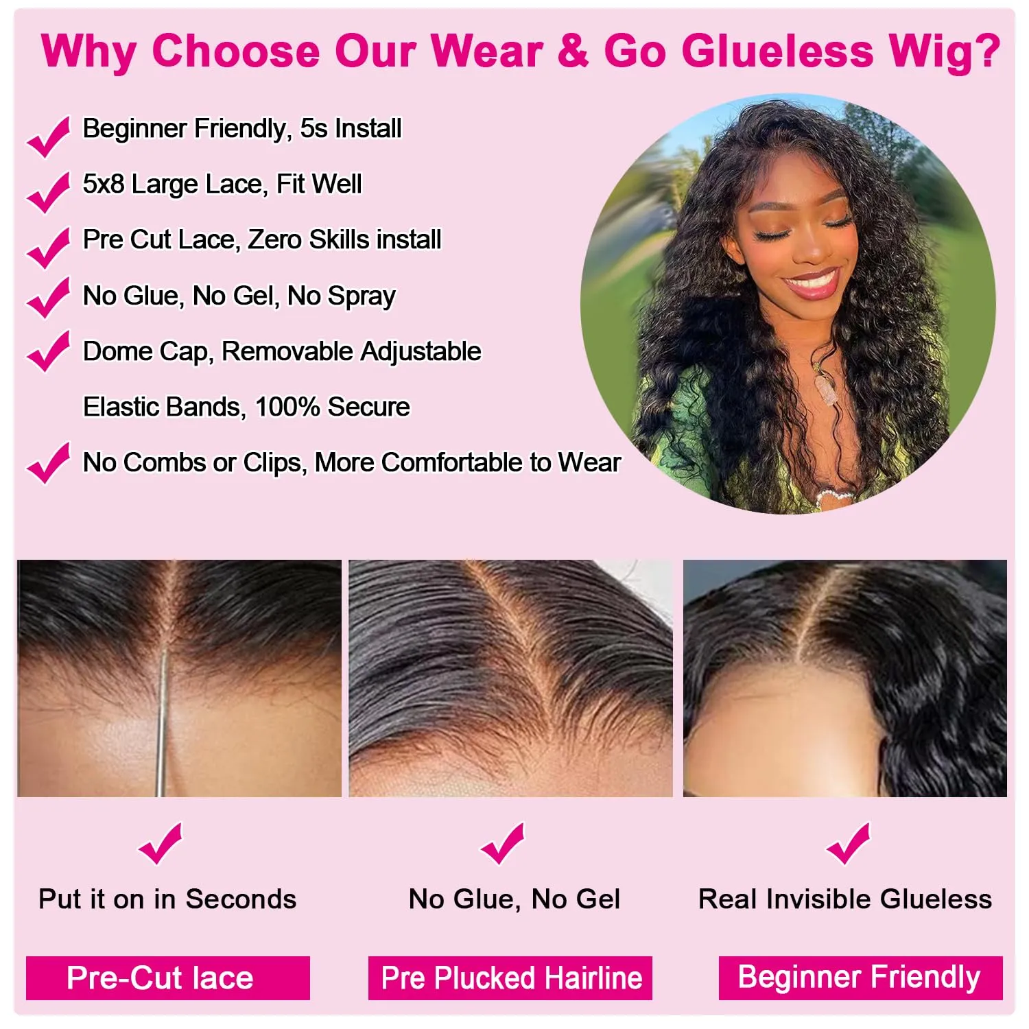 5x8 Glueless Wigs Human Hair Pre Plucked Pre Cut Deep Wave 5x8 Hd Lace Closure Wigs Human Hair Curly Human Hair Wig 180% Density Wear And Go Glueless Wig (20inch)