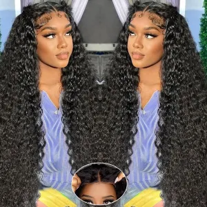5x8 Glueless Wigs Human Hair Pre Plucked Pre Cut Deep Wave 5x8 Hd Lace Closure Wigs Human Hair Curly Human Hair Wig 180% Density Wear And Go Glueless Wig (22inch)