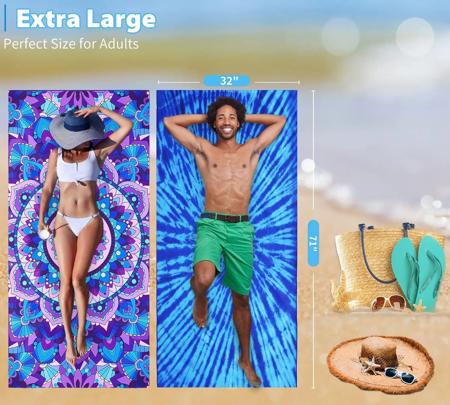 6 Pack Microfiber Thin Lightweight Beach Towel Oversized 71x32 Extra Large Sand Free Towels for Travel Swim Pool Yoga Gym Camping for Adults Women Men Beach Essentials Accessories Vacation Gift