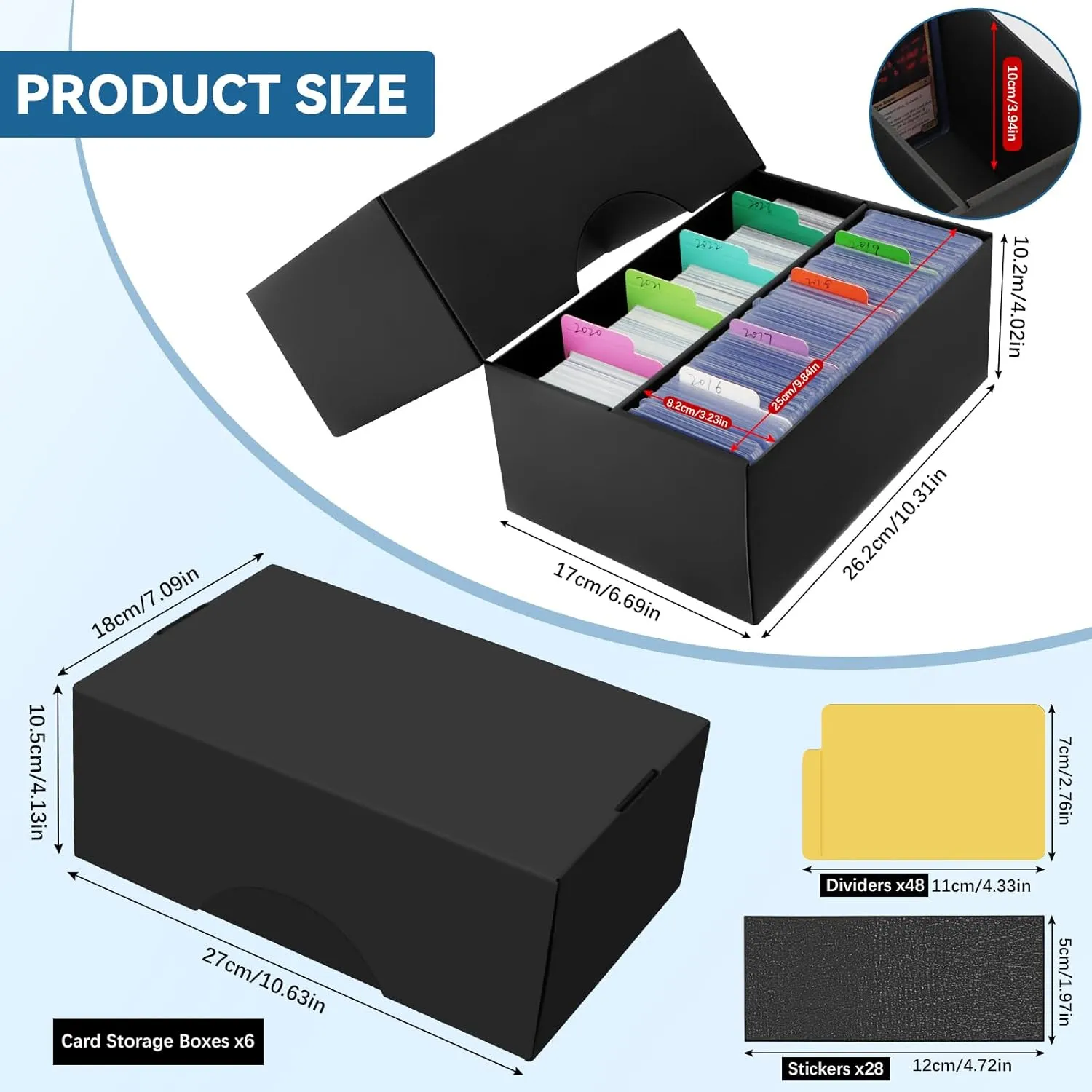 6 Pack Trading Card Storage Box, 1600 Count Cardboard Storage Box with 48 Cards Dividers, Bulk Card Storage Boxes Sports Storage Cases Trading Cards Box for Basketball Sports Collector
