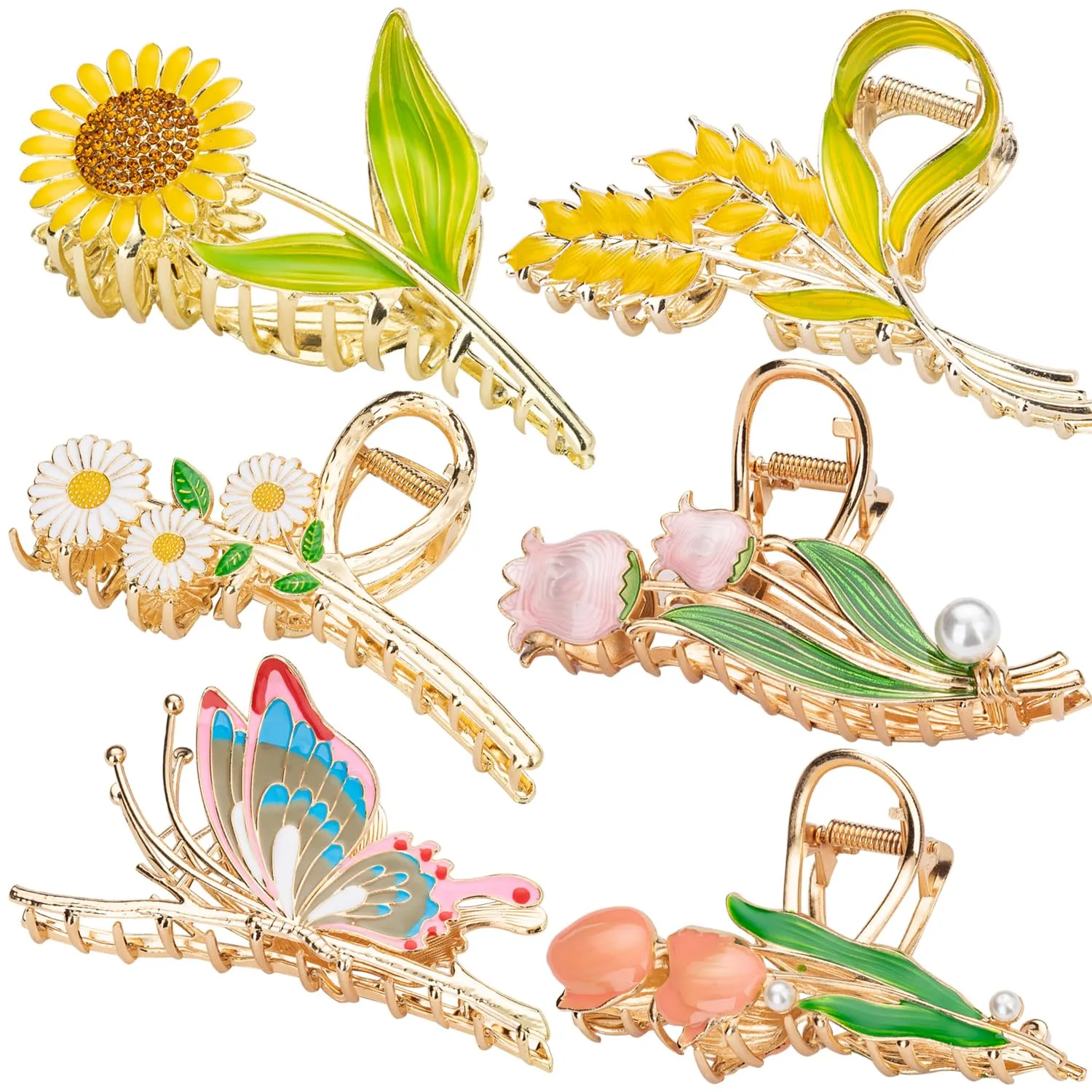 6 Pcs Flower Metal Claw Hair Accessories for Women & Girls - Large Tulip Nonslip Styles, Strong Hold Matte Claws for Long, Thick & Thin Hair