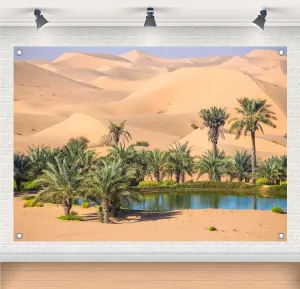 7x5ft Fabric Desert Oasis Backdrops Banner Tropical Oasis Scenery Photography Backgrounds Desert and Palm Trees Backdrops for Tropical Theme Parties Decor Banner Photo Props
