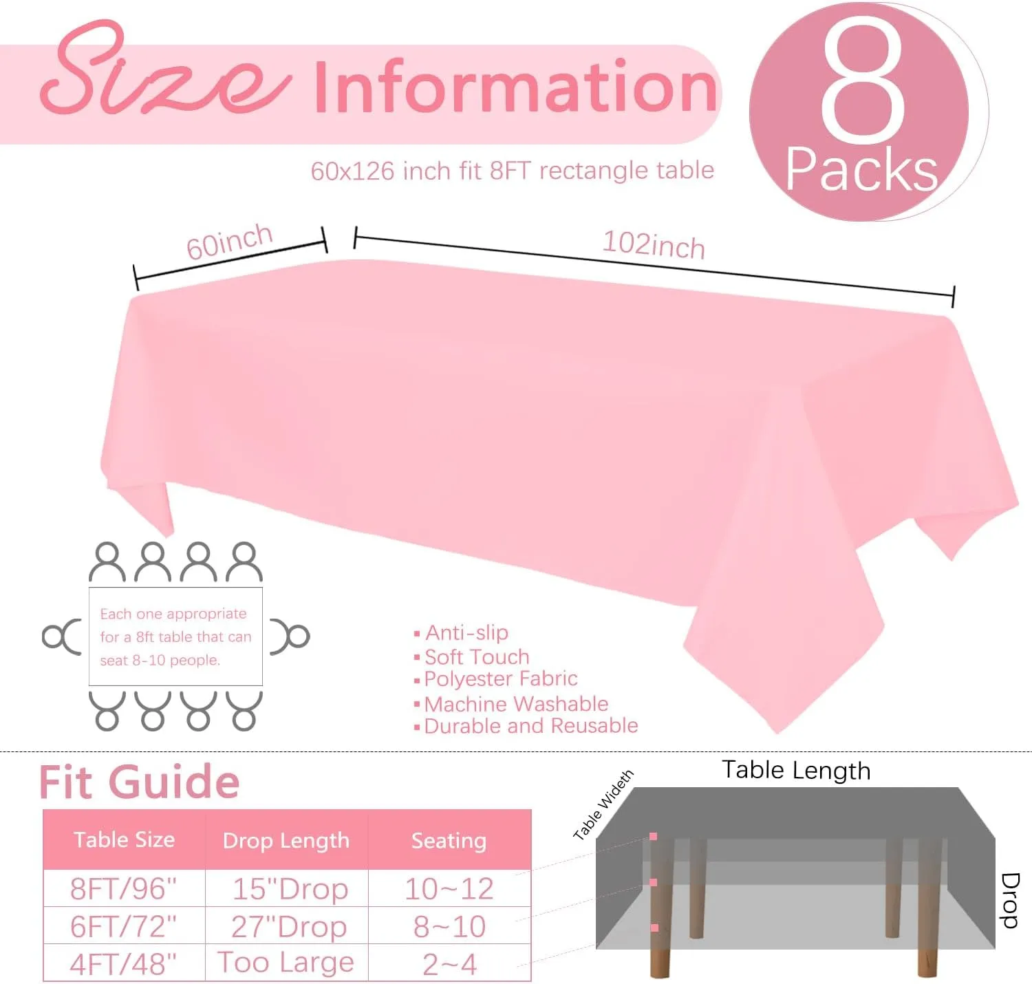 8 Pack Pink Tablecloth 60 x 126 Inch Rectangle Table Cloth for 8 Foot Tables, Wrinkle Resistant Washable Decorative Fabric Polyester Table Covers for Wedding Party Banquet Buffet