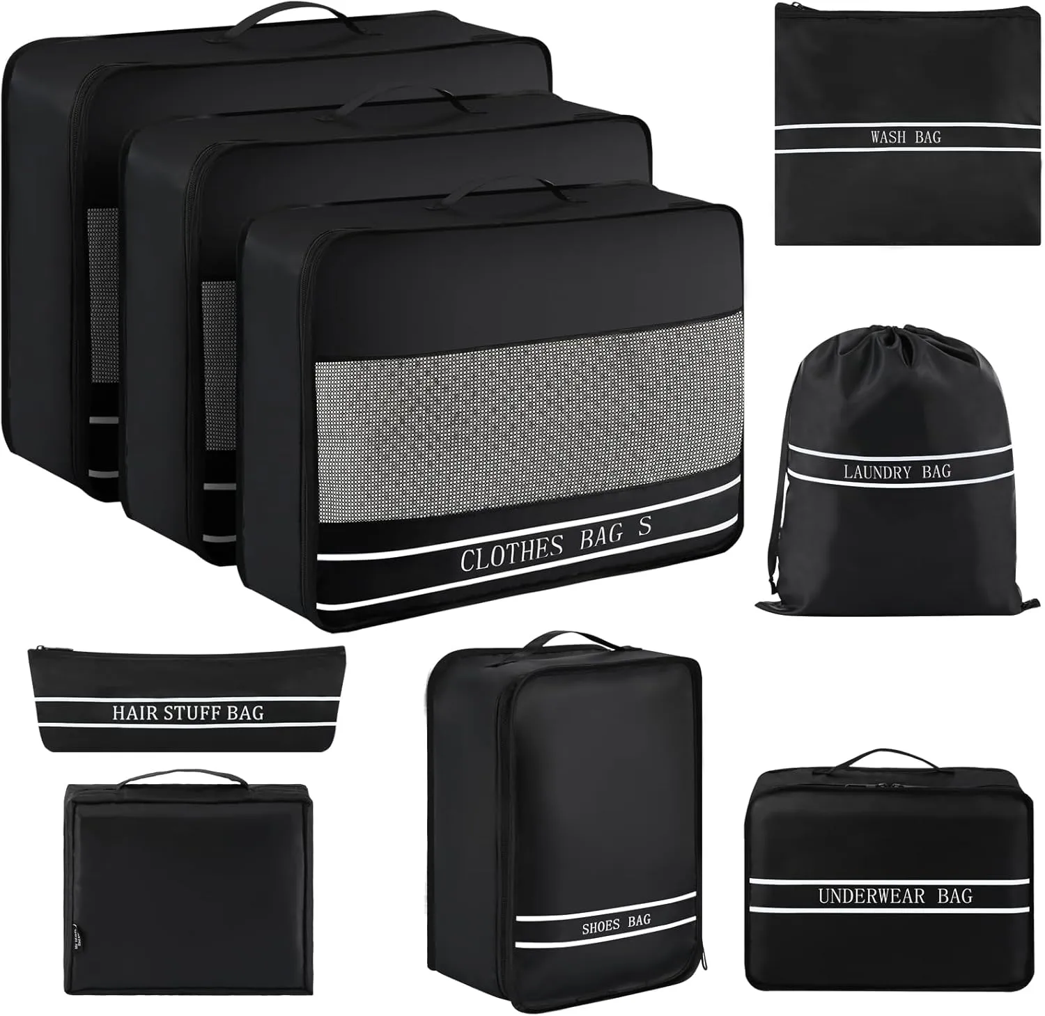 9 Set Packing Cubes Luggage Packing Organizers for Travel Accessories Space Saving Travel Bags for Carry On, Lightweight Mesh Zipper, Clothes, Shoes, Laundry and Shoe Bag, Suitcases (BLACK)