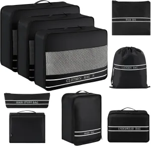 9 Set Packing Cubes Luggage Packing Organizers for Travel Accessories Space Saving Travel Bags for Carry On, Lightweight Mesh Zipper, Clothes, Shoes, Laundry and Shoe Bag, Suitcases (BLACK)
