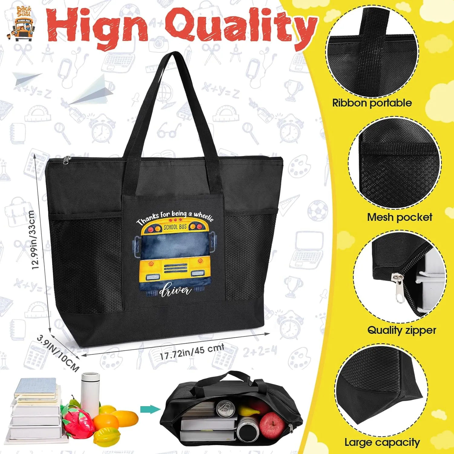 Abbylike 5 Pcs Bus Driver Gifts Tote Bags School Bus Driver Appreciation Gift Graduation Tote Bags Zipper for Women Men