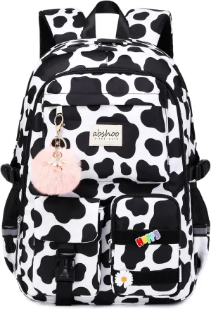 abshoo Big Student Laptop Backpack For College Women Middle High School Teen Girls Bookbag Travel Daypack (Cow Print Black)