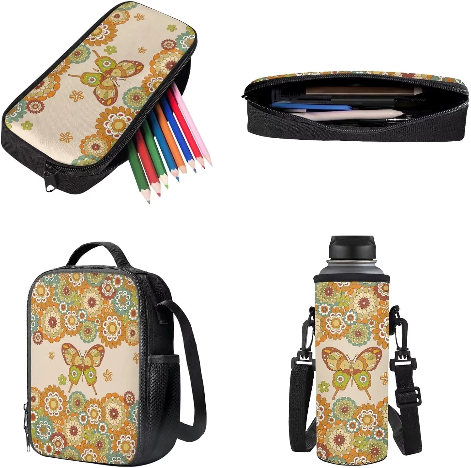 Abstract Boho Mandala Butterfly Pattern Backpack Set for School Kids 17" Bookbag, Thermal Lunch Box, Water Bottle Carrier, Pencil Pouch 4Pcs Back to School Gift for Boys Girls