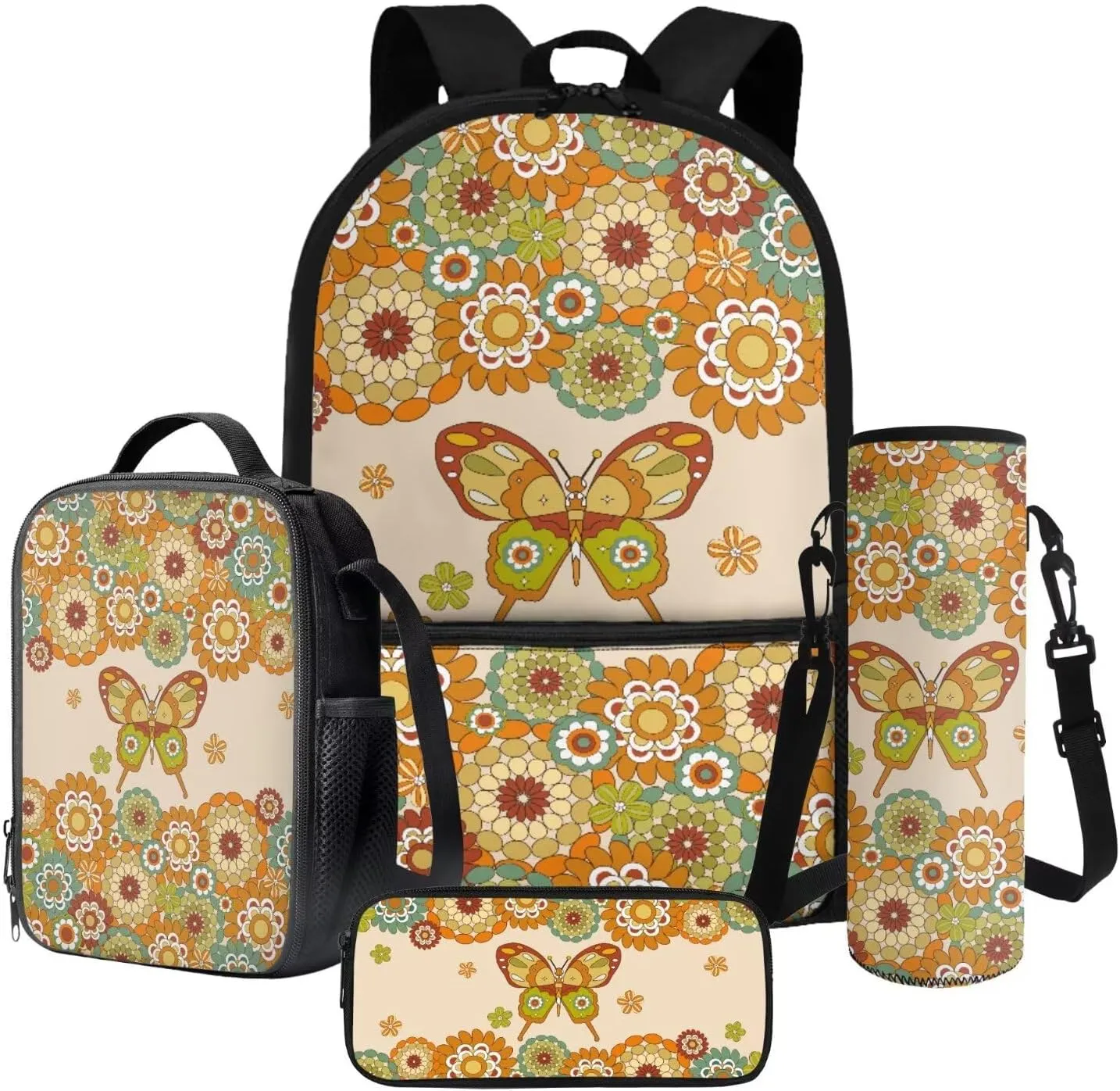 Abstract Boho Mandala Butterfly Pattern Backpack Set for School Kids 17" Bookbag, Thermal Lunch Box, Water Bottle Carrier, Pencil Pouch 4Pcs Back to School Gift for Boys Girls