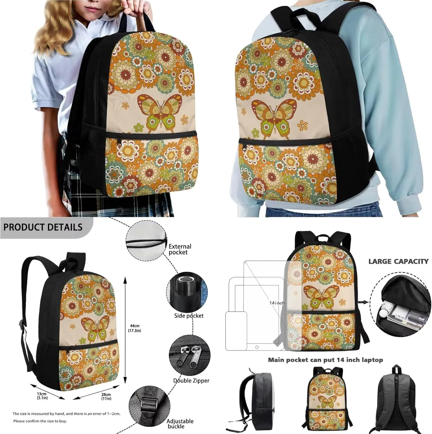 Abstract Boho Mandala Butterfly Pattern Backpack Set for School Kids 17" Bookbag, Thermal Lunch Box, Water Bottle Carrier, Pencil Pouch 4Pcs Back to School Gift for Boys Girls