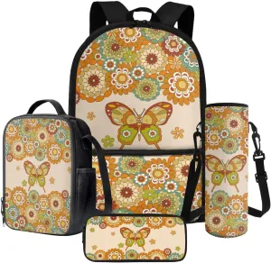 Abstract Boho Mandala Butterfly Pattern Backpack Set for School Kids 17" Bookbag, Thermal Lunch Box, Water Bottle Carrier, Pencil Pouch 4Pcs Back to School Gift for Boys Girls