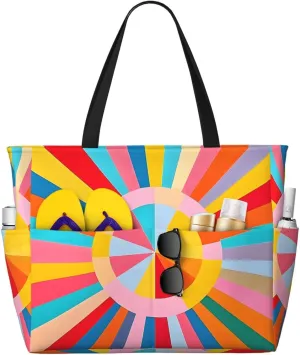 Abstract Colorful Rays Beach Bag Rainbow Pool Bag for Women Waterproof Large Travel Tote with Zipper Organizer for Swimming Vacation Essentials