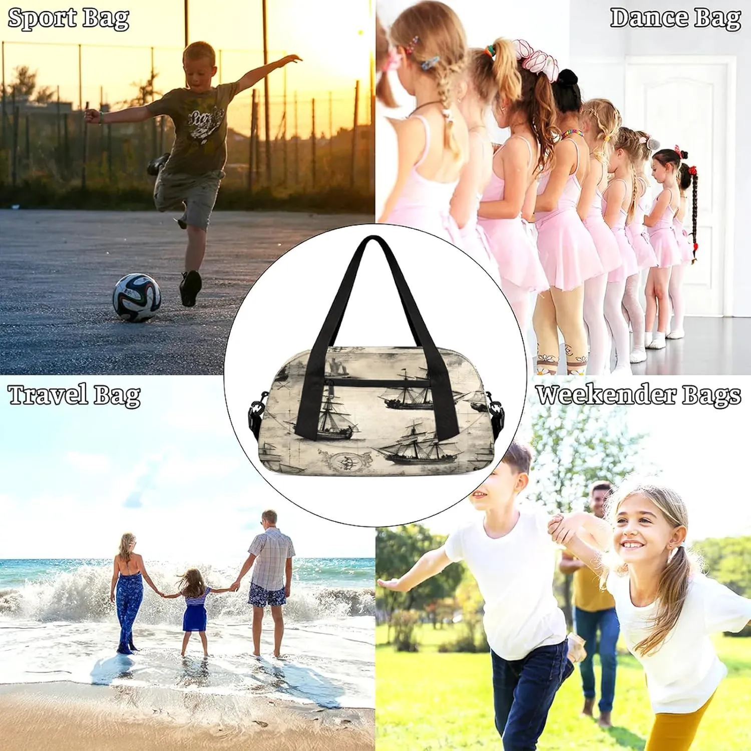 Abstract Nautical Pirate Ship Kids Duffel Bag Lightweight Waterproof Sports Gym Bag with Front Zipper Pocket Foldable Weekender Overnight Bag for School Practice Gymnastic Ballet