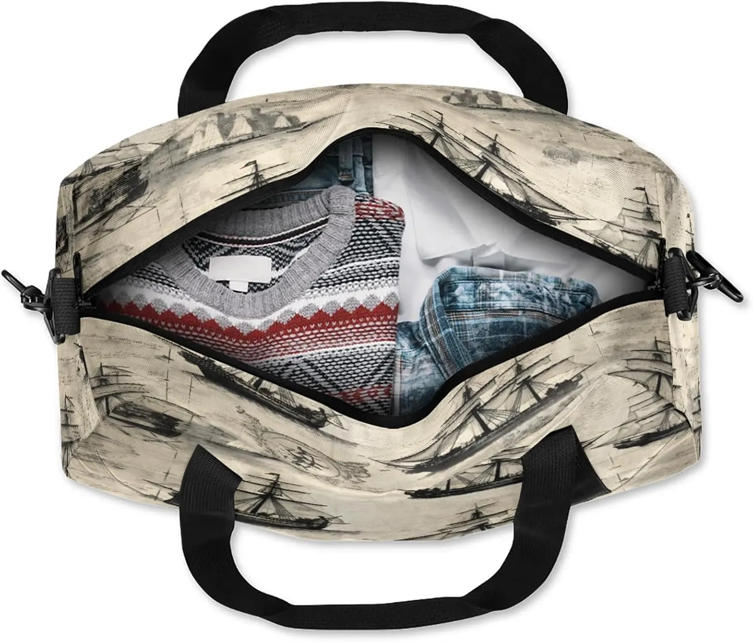 Abstract Nautical Pirate Ship Kids Duffel Bag Lightweight Waterproof Sports Gym Bag with Front Zipper Pocket Foldable Weekender Overnight Bag for School Practice Gymnastic Ballet