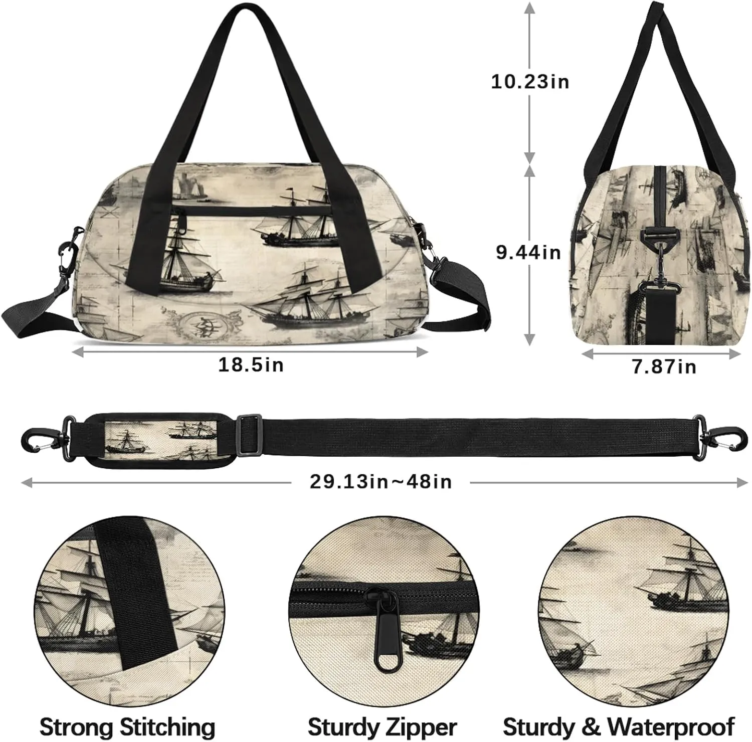 Abstract Nautical Pirate Ship Kids Duffel Bag Lightweight Waterproof Sports Gym Bag with Front Zipper Pocket Foldable Weekender Overnight Bag for School Practice Gymnastic Ballet