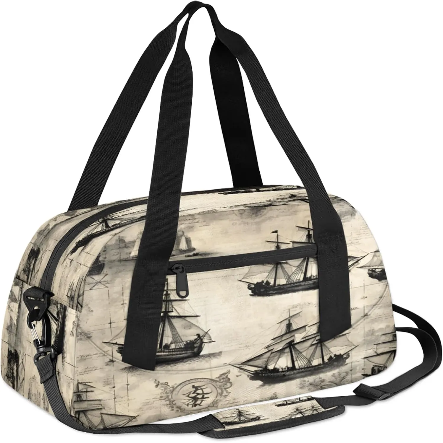 Abstract Nautical Pirate Ship Kids Duffel Bag Lightweight Waterproof Sports Gym Bag with Front Zipper Pocket Foldable Weekender Overnight Bag for School Practice Gymnastic Ballet