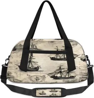 Abstract Nautical Pirate Ship Kids Duffel Bag Lightweight Waterproof Sports Gym Bag with Front Zipper Pocket Foldable Weekender Overnight Bag for School Practice Gymnastic Ballet