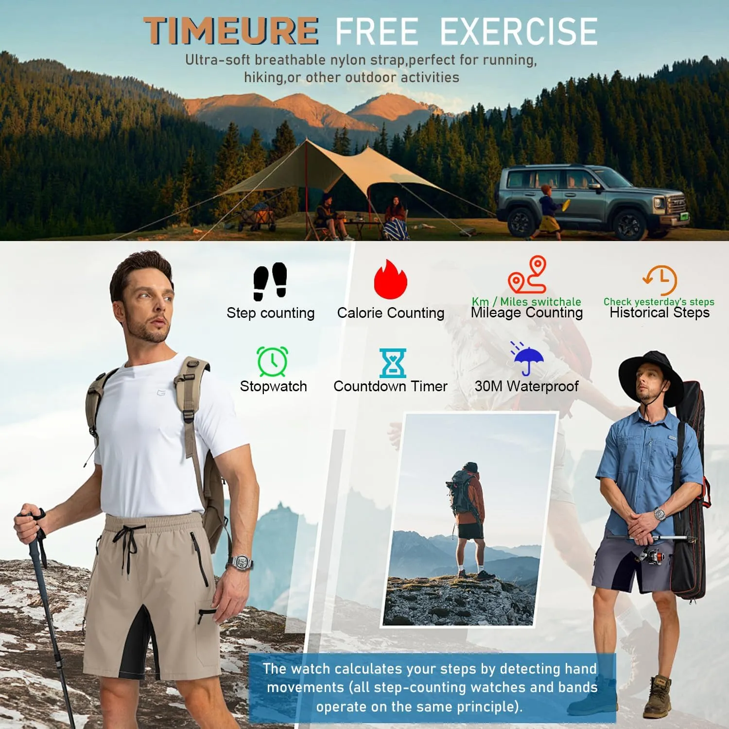 Accurate Pedometer Watch for Men Walking Simple Step Counter Watches Steps Tracker Large Digital Display Waterproof Non Bluetooth TIMEURE-2306