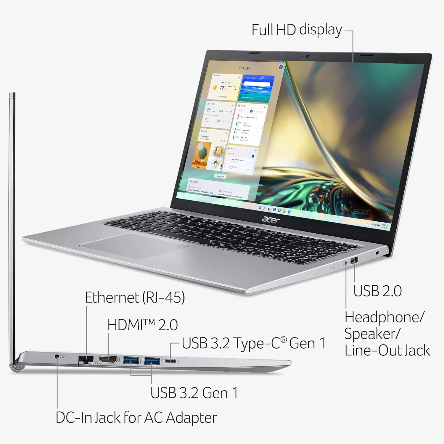 Acer Aspire 5 A515-56-36UT, 15.6" Full HD Display, 11th Gen Intel Core i3-1115G4 Processor, 4GB DDR4, 128GB NVMe SSD, WiFi 6, Windows 11 Home (S Mode)
