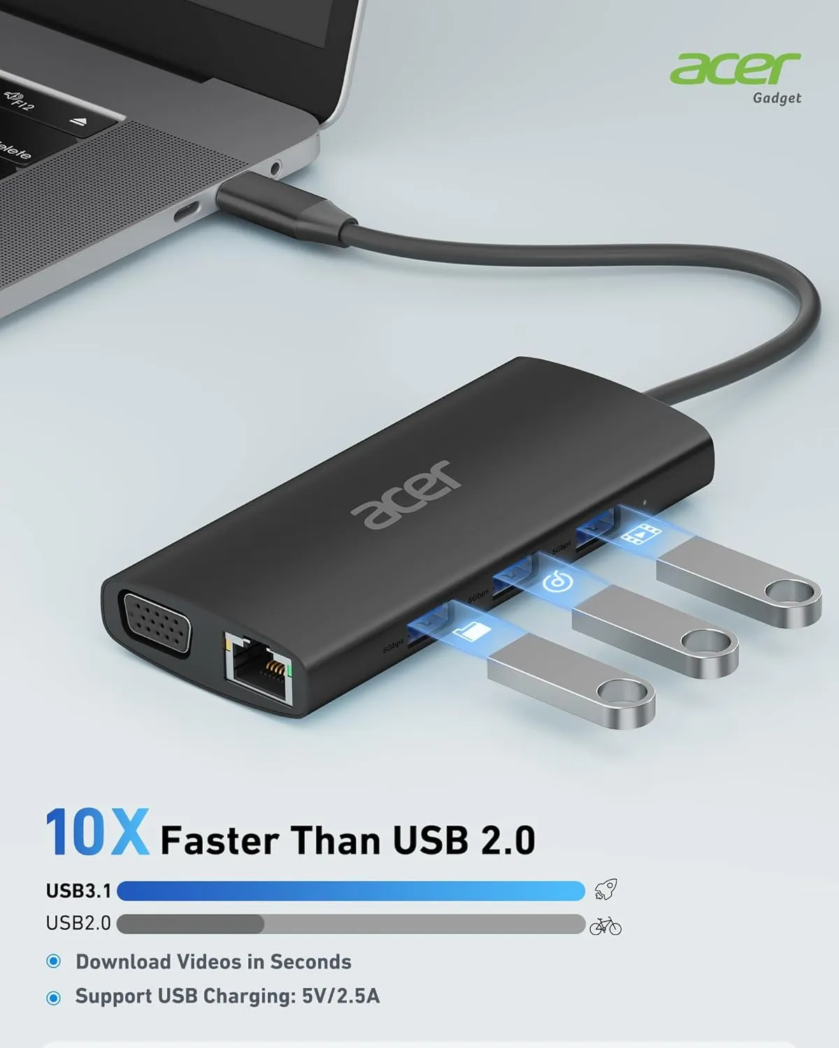 Acer USB C Hub with 4K HDMI, 9-in-1 USB C to Ethernet Adapter, 5Gbps USBA 3.0 Docking Station, VGA Splitter, SD Card Reader, PD 100W Charging for MacBook, Acer, Laptops, Surface and More (Black)